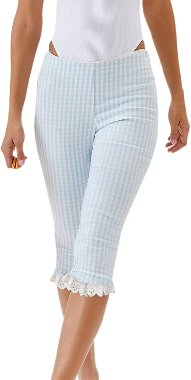 Gingham Capri Pants for Women Elastic Waist Mid Rise Skinny Capri Leggings Vintage Plaid Cropped Trousers