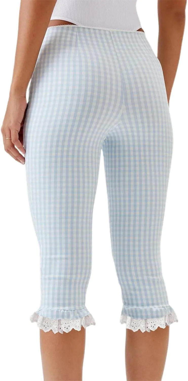 Gingham Capri Pants for Women Elastic Waist Mid Rise Skinny Capri Leggings Vintage Plaid Cropped Trousers