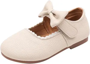 Girls Mary Jane Flats, Bow Detail, Scalloped Edge, Beige Leather, Hook and Loop Closure