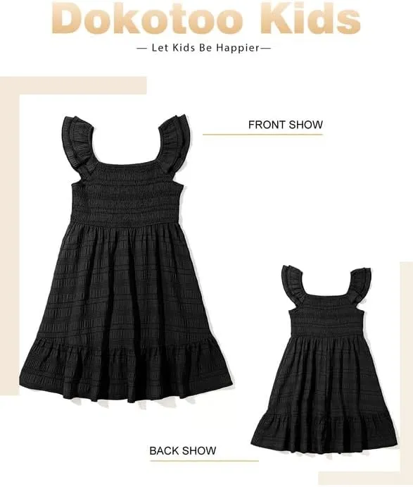 Girls Summer Dresses Cute Double Layer Ruffle Sleeve Smocked Flowy Dress 6-15 Years