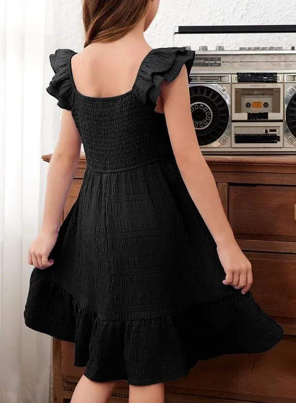 Girls Summer Dresses Cute Double Layer Ruffle Sleeve Smocked Flowy Dress 6-15 Years