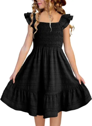 Girls Summer Dresses Cute Double Layer Ruffle Sleeve Smocked Flowy Dress 6-15 Years