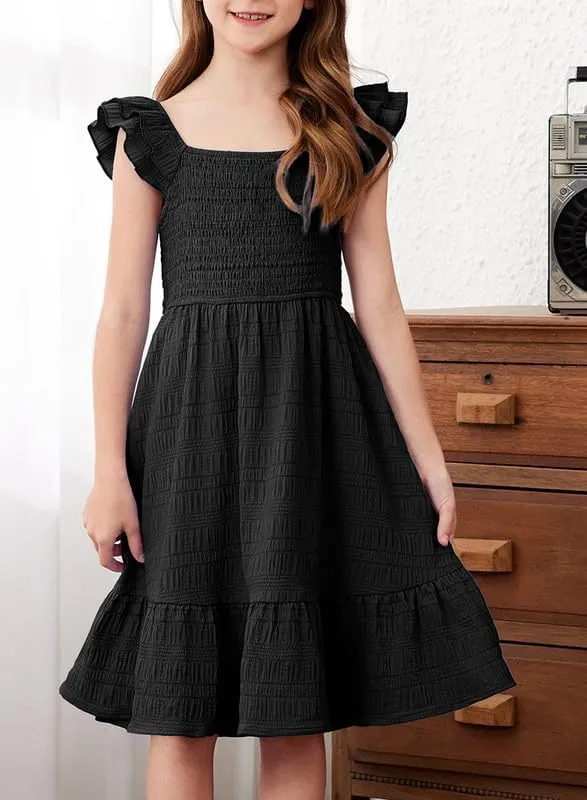 Girls Summer Dresses Cute Double Layer Ruffle Sleeve Smocked Flowy Dress 6-15 Years