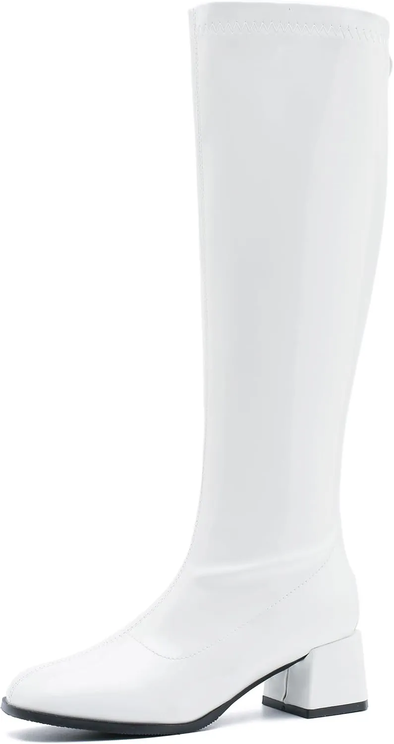 GOGO Boots for Women, Knee High Boots, Mid Block Heel Zipper Boots Ladies Party Dance Shoes