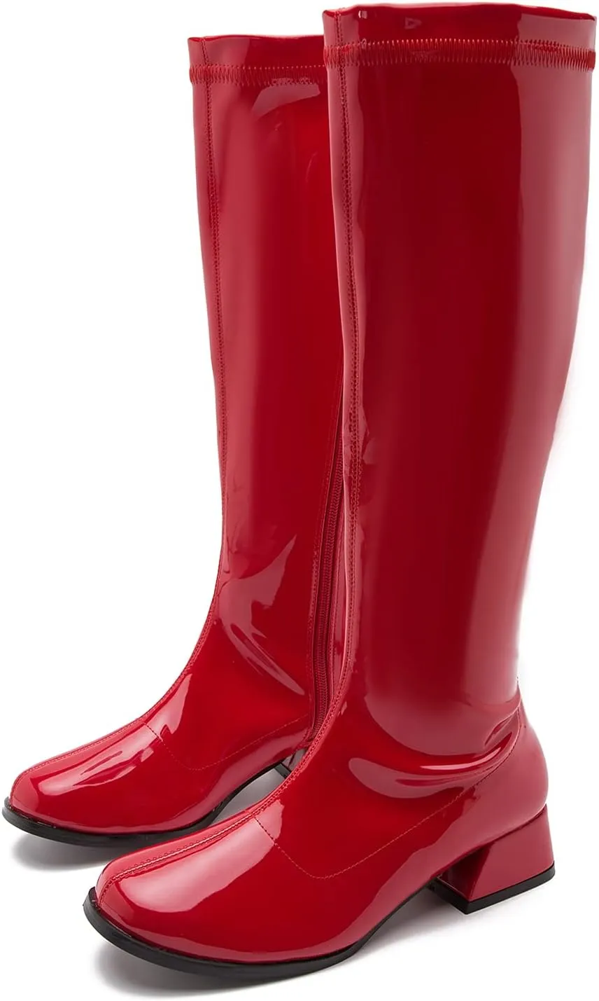 Gogo Boots For Women Square Toe Chunky Knee High Boots Side Zipper Boot Disco Costumes Dress Party Boots
