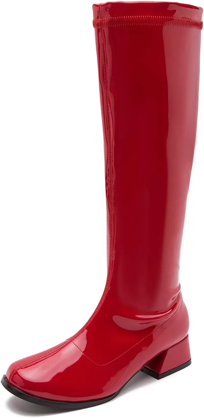 Gogo Boots For Women Square Toe Chunky Knee High Boots Side Zipper Boot Disco Costumes Dress Party Boots