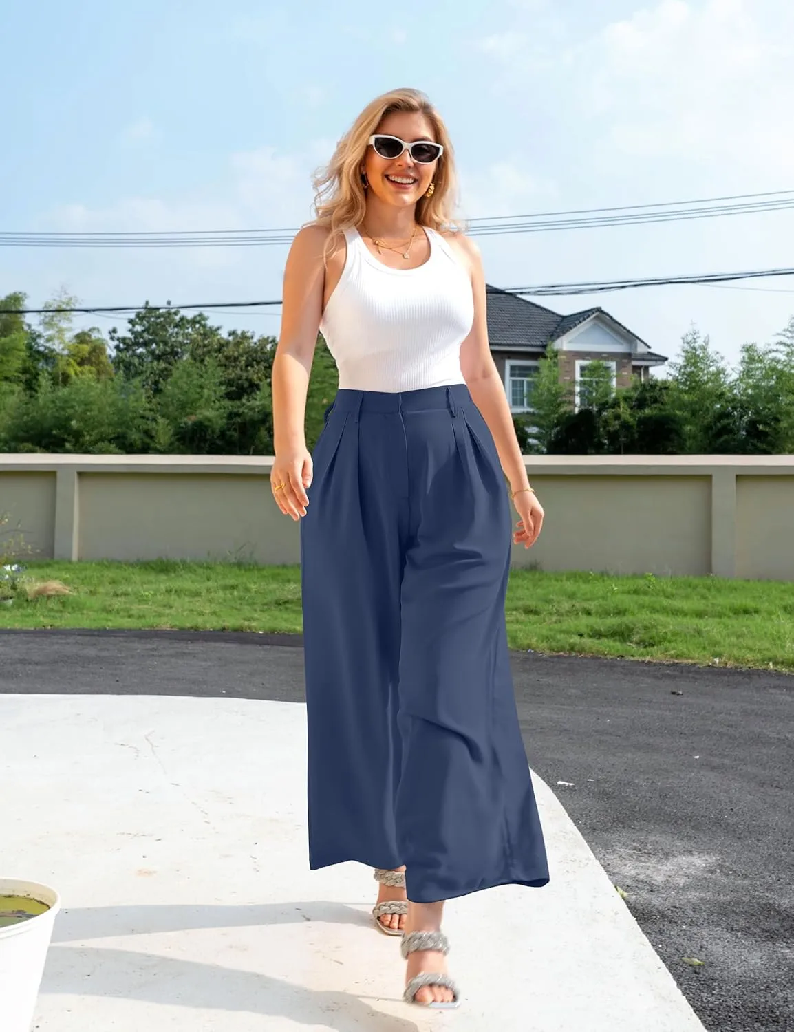 GOKATOSAU Women's Loose Fit High Elastic Waisted Wide Leg Straight Long Trousers Suit Pants