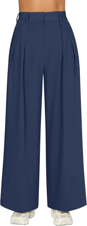 GOKATOSAU Women's Loose Fit High Elastic Waisted Wide Leg Straight Long Trousers Suit Pants