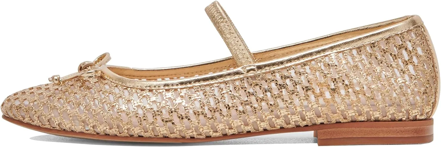 Gold Woven Mesh Flats for Women Breathable Mesh Ballet Flats with Cute Bows, Dressy Fishnet Shoes with Round Toe for Comfort and Style Size 8.5
