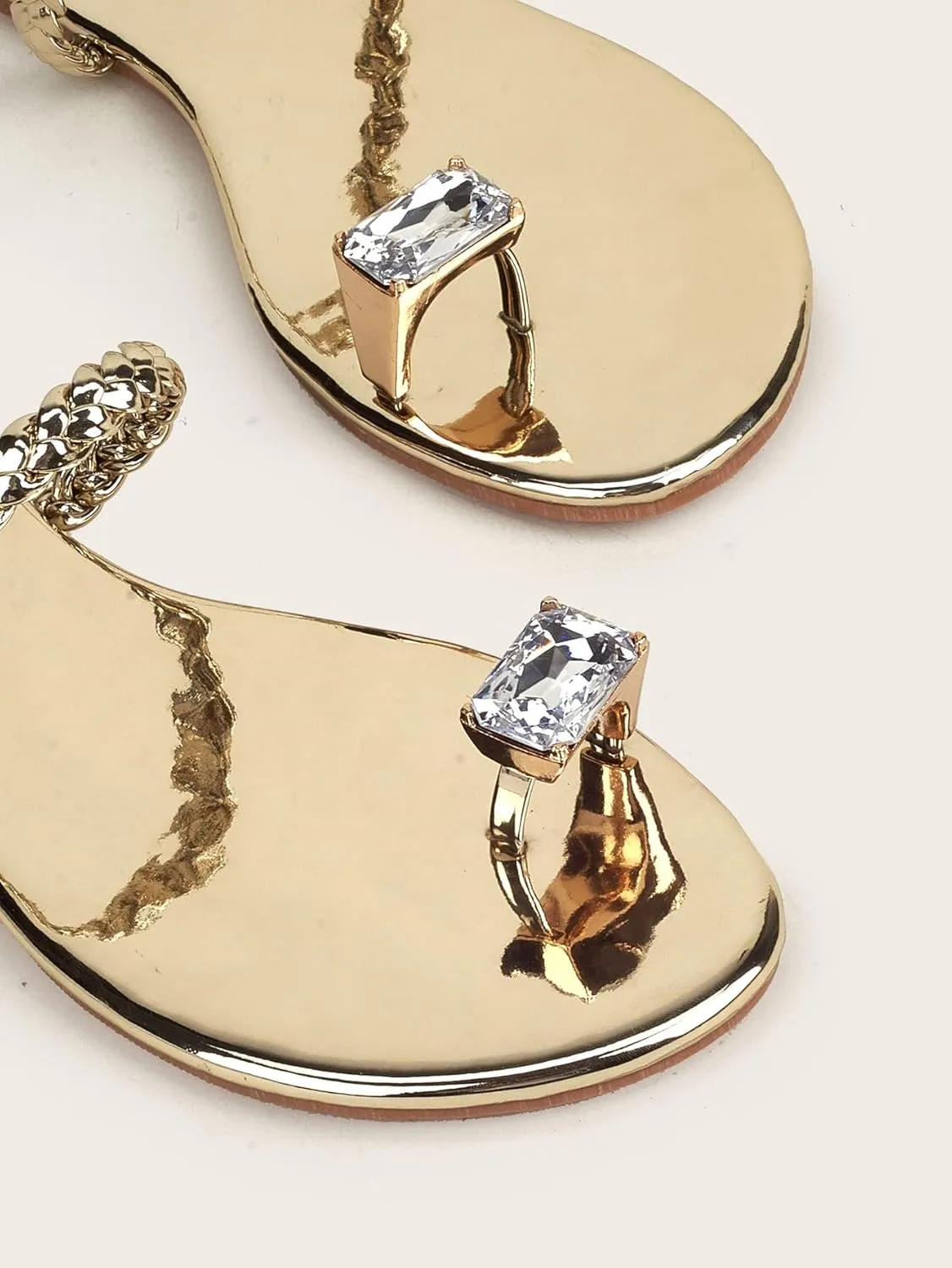 GORGLITTER Women's Gold Beach Flat Cute Sandals Sparkly Rhinestone Slide Strappy Shoes