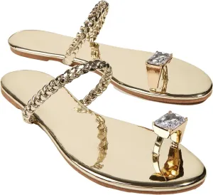 GORGLITTER Women's Gold Beach Flat Cute Sandals Sparkly Rhinestone Slide Strappy Shoes