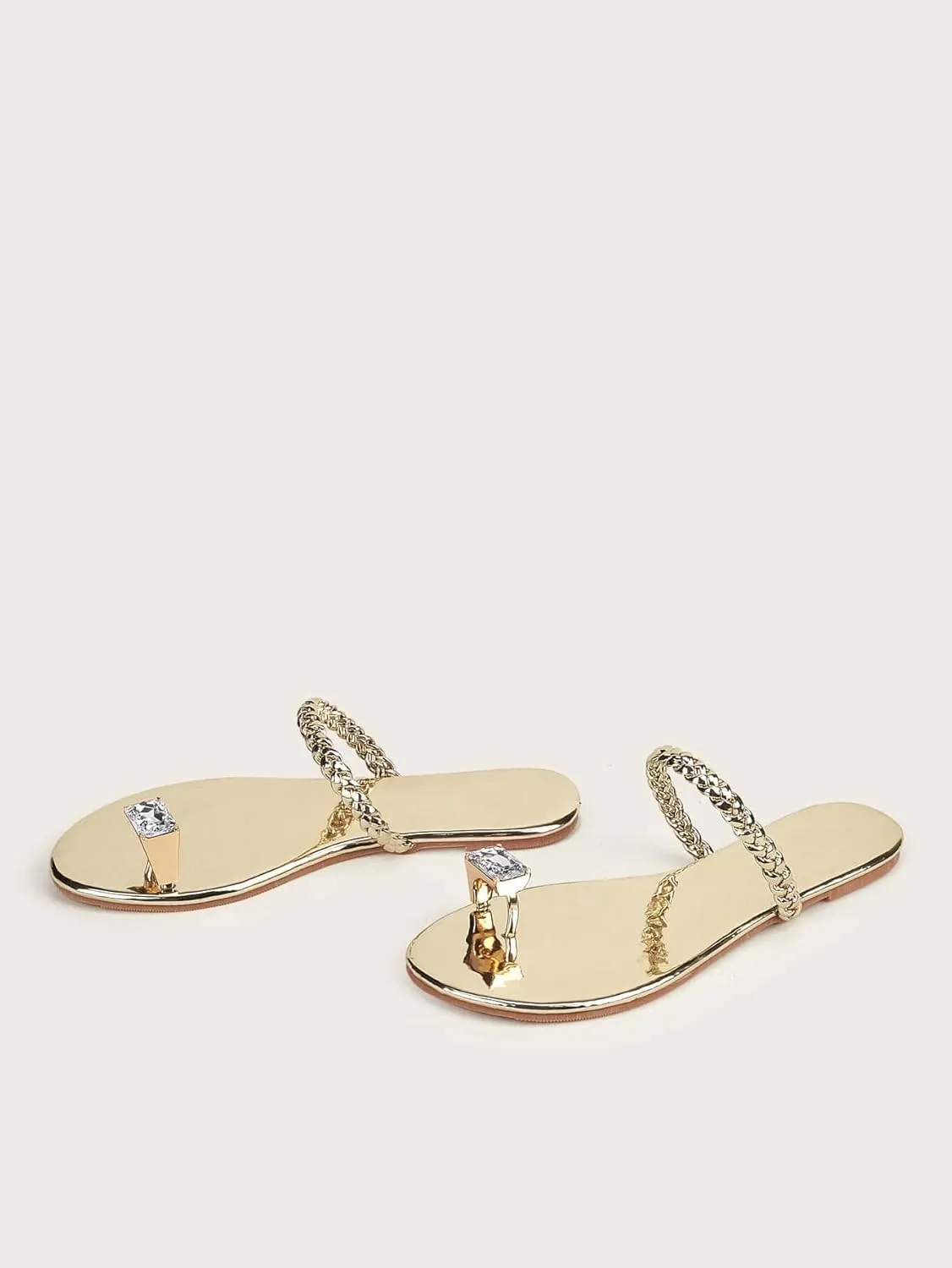 GORGLITTER Women's Gold Beach Flat Cute Sandals Sparkly Rhinestone Slide Strappy Shoes