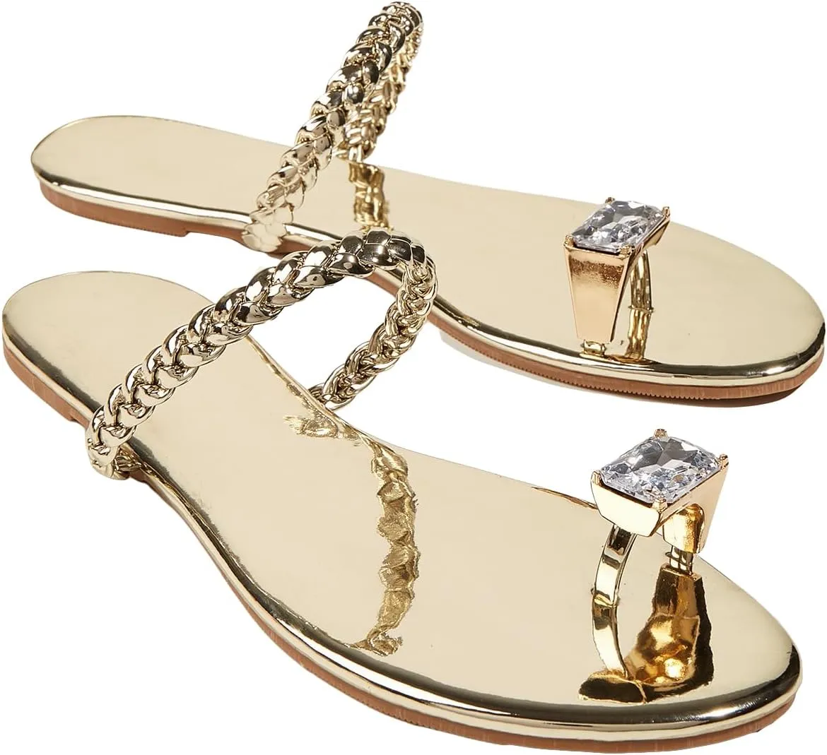 GORGLITTER Women's Gold Beach Flat Cute Sandals Sparkly Rhinestone Slide Strappy Shoes