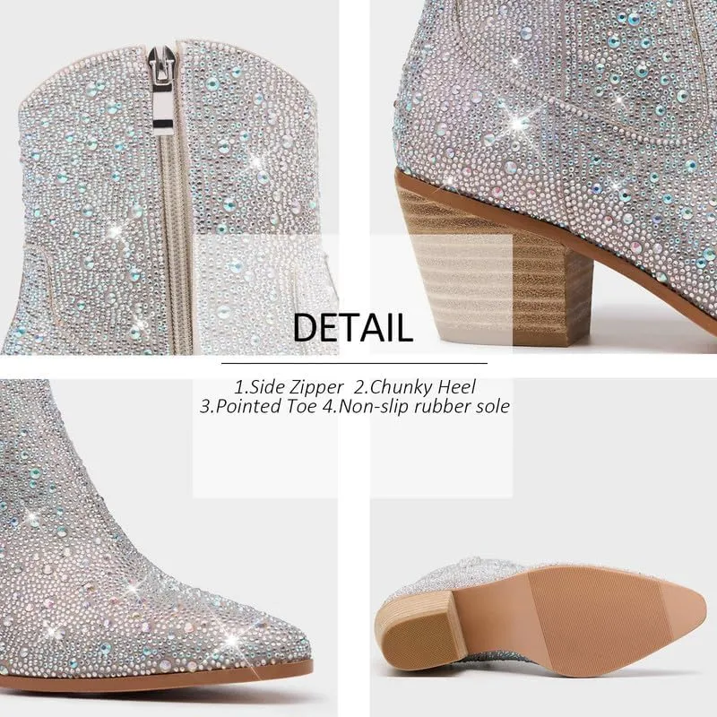 GOSERCE Rhinestone Boots for Women Ankle High Stiletto Heel Hollow Out Breathable Pointed Toe Sexy High Heel Booties Fashion with Side Zipper Party Prom Wedding Birthday