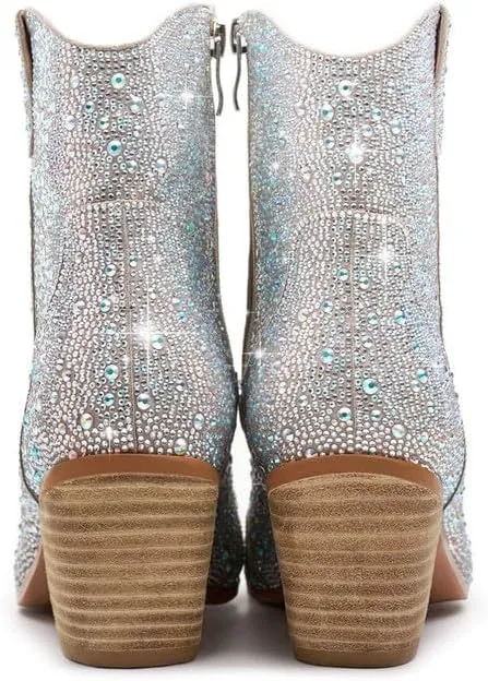 GOSERCE Rhinestone Boots for Women Ankle High Stiletto Heel Hollow Out Breathable Pointed Toe Sexy High Heel Booties Fashion with Side Zipper Party Prom Wedding Birthday
