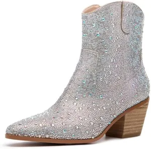 GOSERCE Rhinestone Boots for Women Ankle High Stiletto Heel Hollow Out Breathable Pointed Toe Sexy High Heel Booties Fashion with Side Zipper Party Prom Wedding Birthday