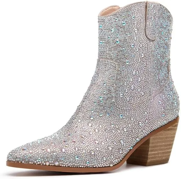 GOSERCE Rhinestone Boots for Women Ankle High Stiletto Heel Hollow Out Breathable Pointed Toe Sexy High Heel Booties Fashion with Side Zipper Party Prom Wedding Birthday