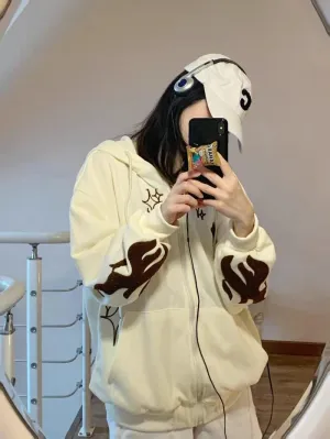 Gothic Embroidery Hoodies Women Retro Harajuku Hip Hop Jacket Zip Up Hoodie Loose Sweatshirt Clothes Y2K Tops
