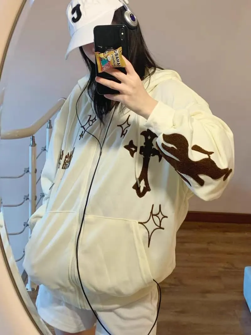 Gothic Embroidery Hoodies Women Retro Harajuku Hip Hop Jacket Zip Up Hoodie Loose Sweatshirt Clothes Y2K Tops