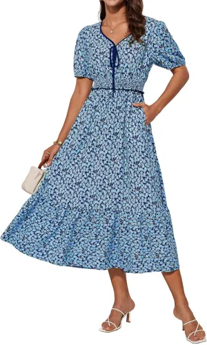 GRACE KARIN 2025 Women's Summer Floral Flowy A Line Midi Dresses Elegant Short Sleeve Smocked V-Neck Tiered Dresses