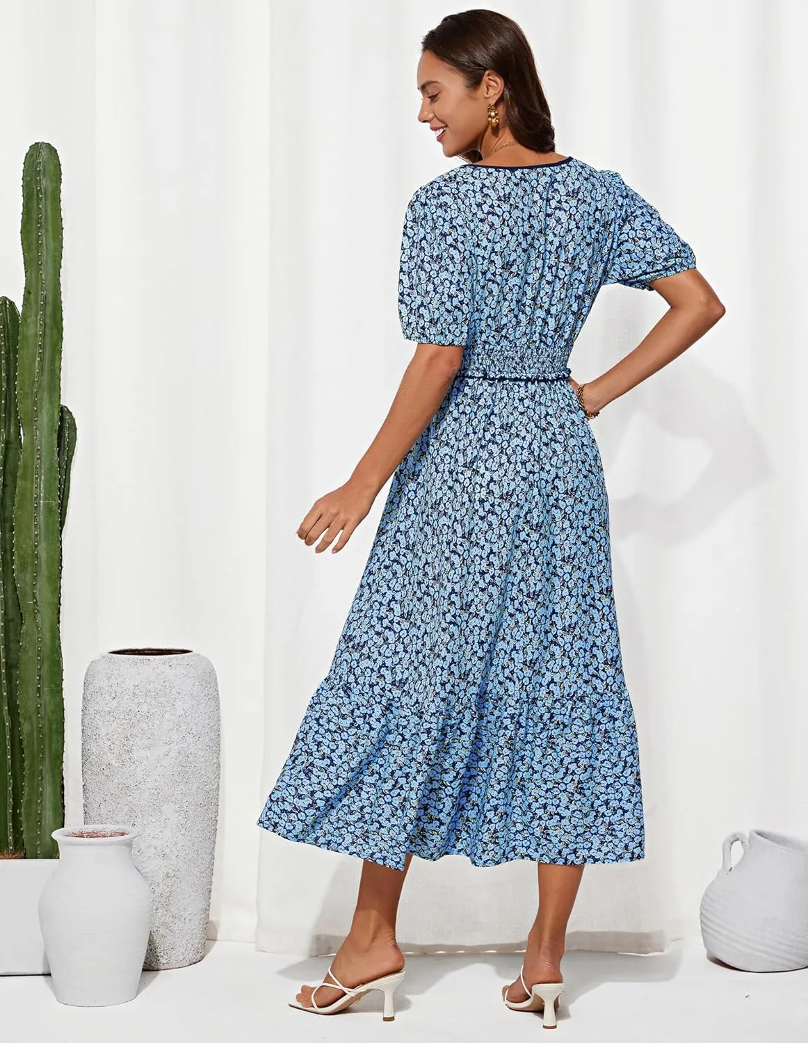 GRACE KARIN 2025 Women's Summer Floral Flowy A Line Midi Dresses Elegant Short Sleeve Smocked V-Neck Tiered Dresses