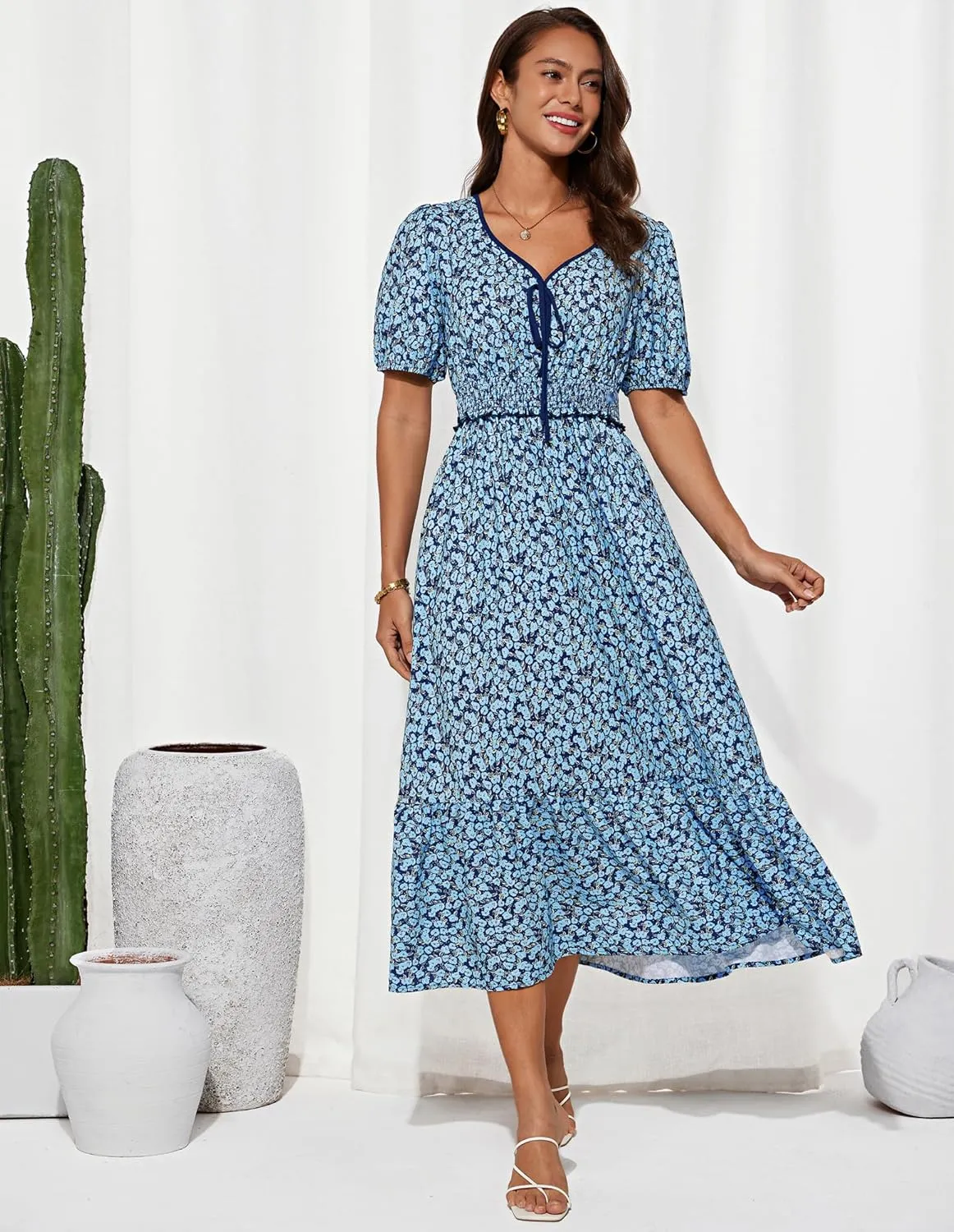 GRACE KARIN 2025 Women's Summer Floral Flowy A Line Midi Dresses Elegant Short Sleeve Smocked V-Neck Tiered Dresses