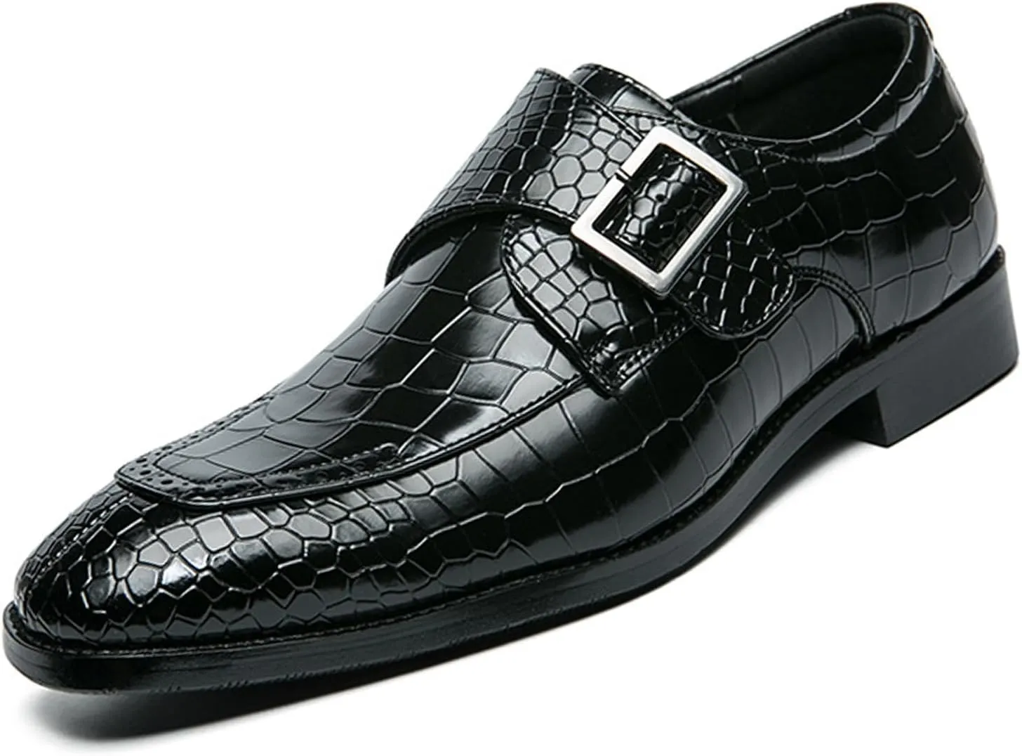 Hand-Stitched Oxford Dress Shoes for Men Slip On Monk Strap Vegan Leather Embossed Low Top Block Heel Non-Slip Working Shoes