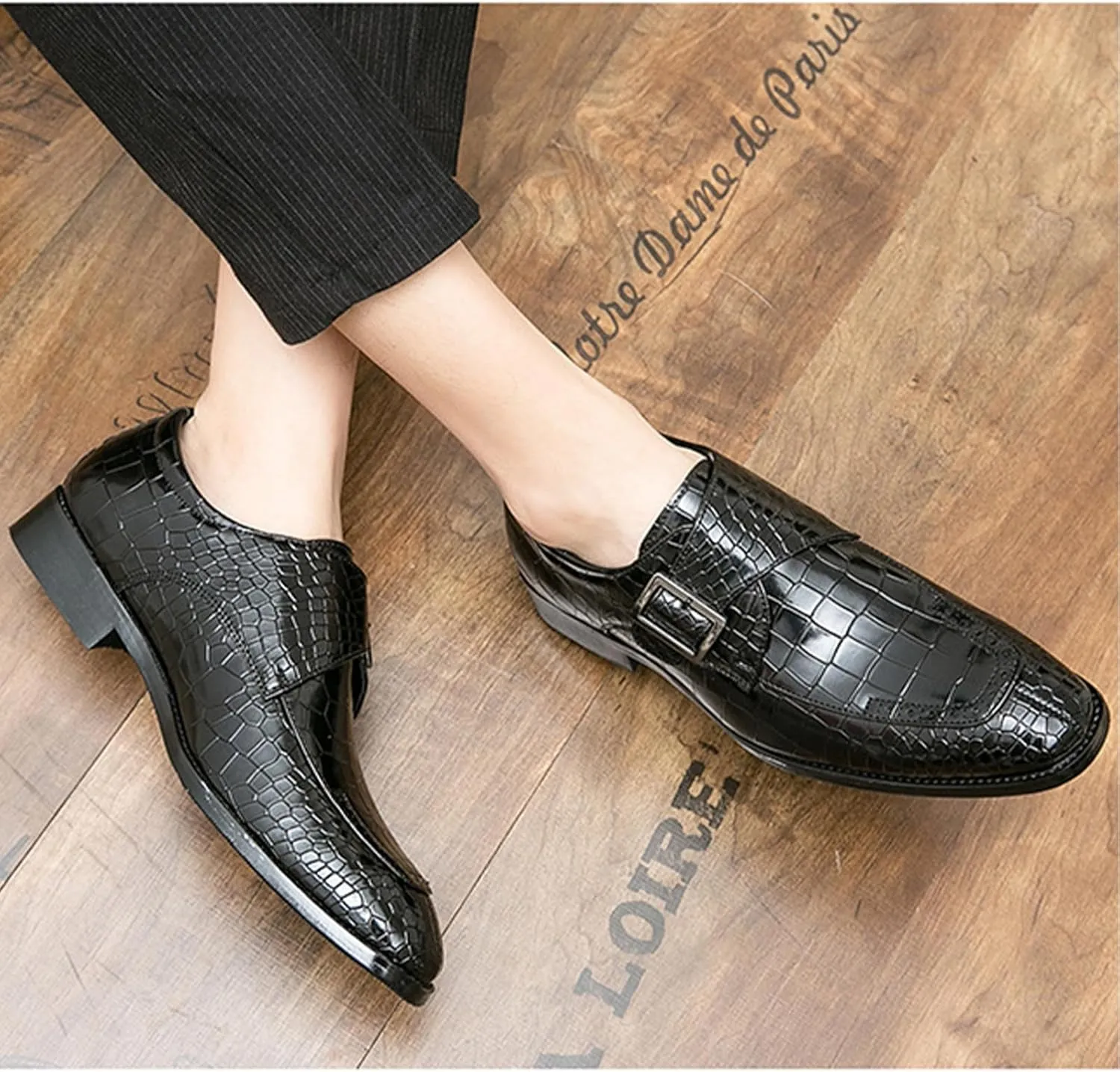 Hand-Stitched Oxford Dress Shoes for Men Slip On Monk Strap Vegan Leather Embossed Low Top Block Heel Non-Slip Working Shoes