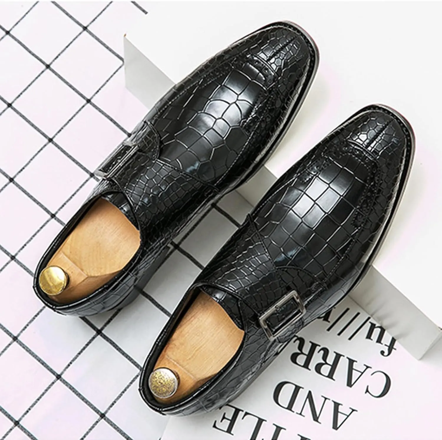 Hand-Stitched Oxford Dress Shoes for Men Slip On Monk Strap Vegan Leather Embossed Low Top Block Heel Non-Slip Working Shoes