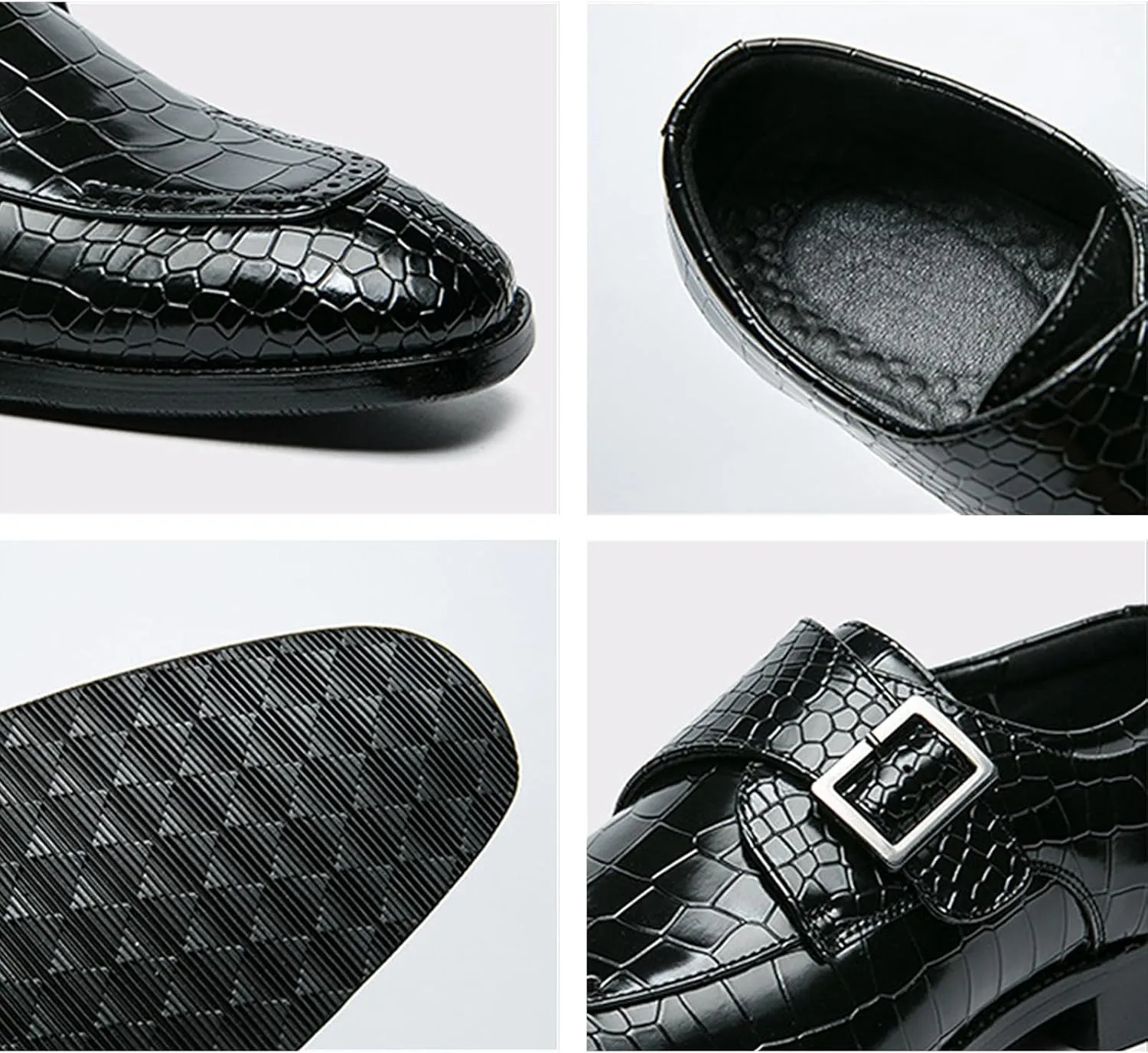 Hand-Stitched Oxford Dress Shoes for Men Slip On Monk Strap Vegan Leather Embossed Low Top Block Heel Non-Slip Working Shoes