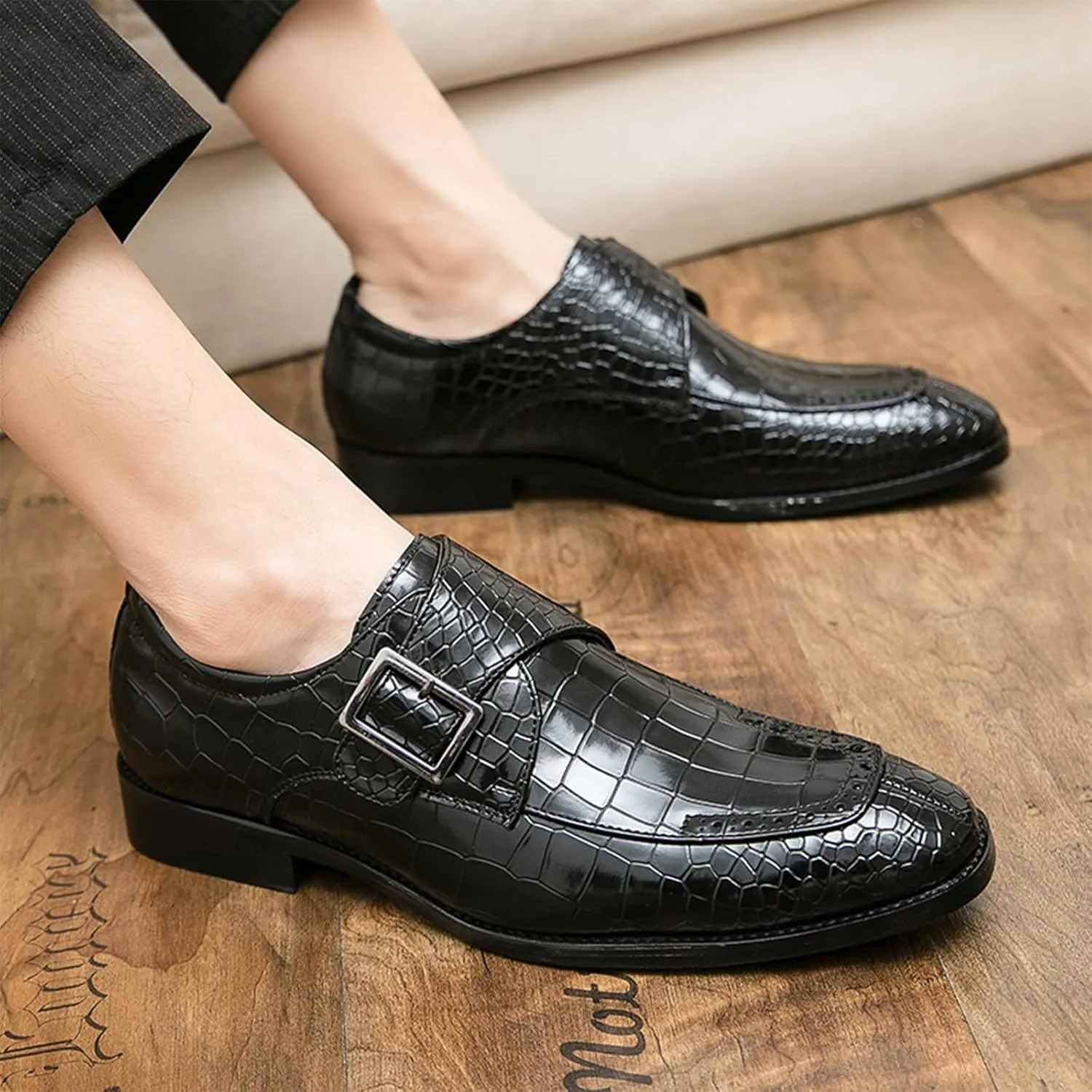 Hand-Stitched Oxford Dress Shoes for Men Slip On Monk Strap Vegan Leather Embossed Low Top Block Heel Non-Slip Working Shoes