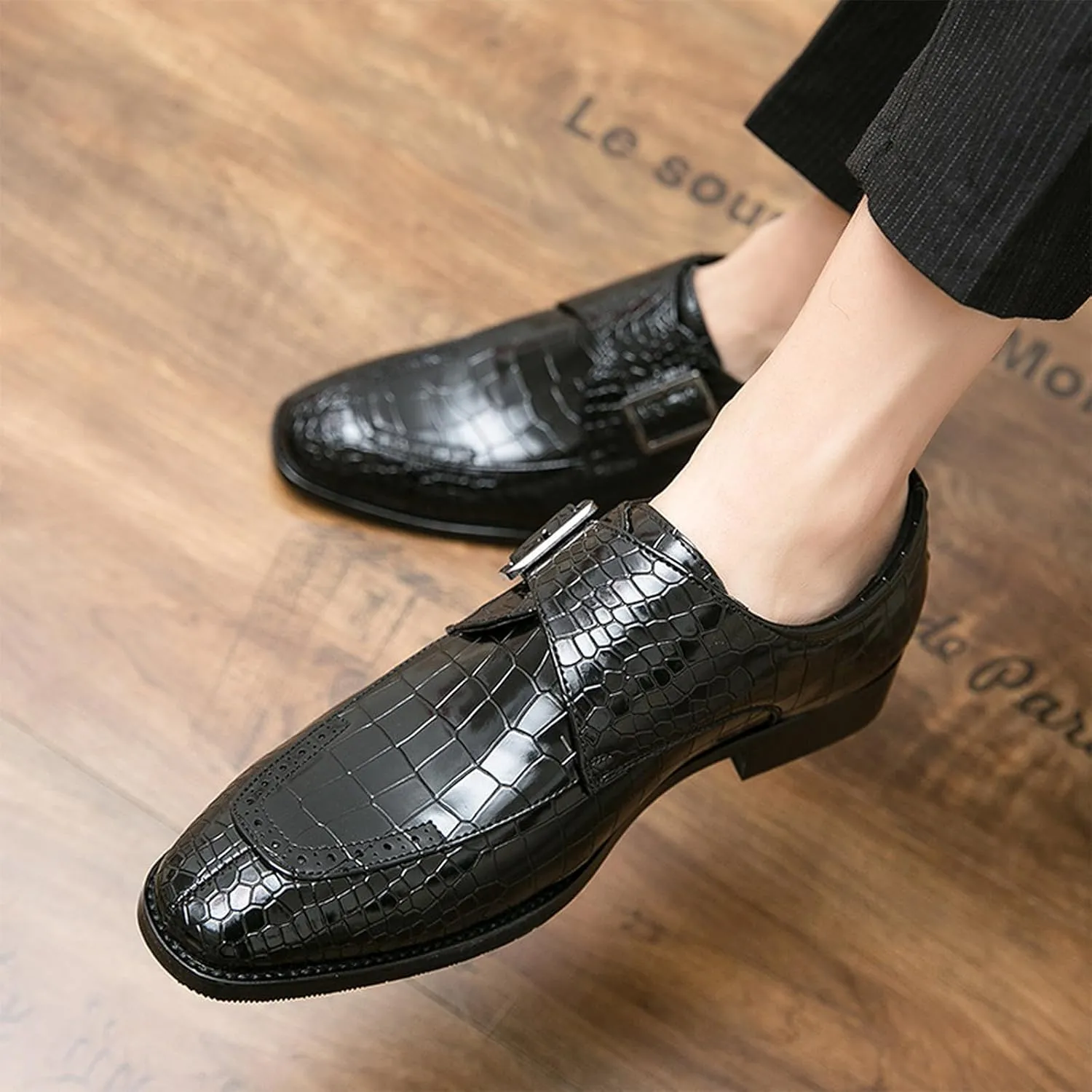Hand-Stitched Oxford Dress Shoes for Men Slip On Monk Strap Vegan Leather Embossed Low Top Block Heel Non-Slip Working Shoes