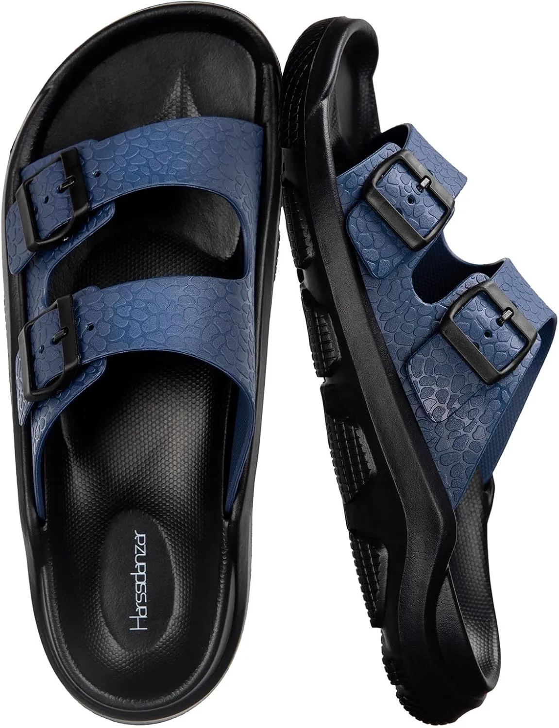 Harssidanzar Mens Slides Sandals Double Buckle Adjustable Slides EVA Flat Sandals KM243US