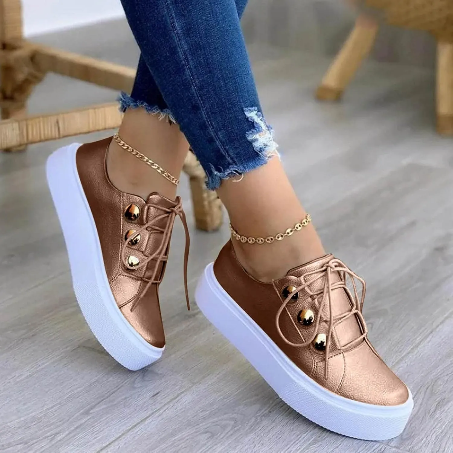 Hbeylia Platform Fashion Sneakers For Women Casual Leather Lace Up Chunky Bottom High Heels Slip On Flats Walking Shoes Low Top Play Sneakers Running Sport Shoes For Girls