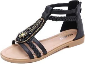 HINDOLA Womens Bohemian Sandals Bead Style Bead Beach Sandal Summer Comfy Open Toe Sandals Ankle Strap Gladiator Flat Sandals