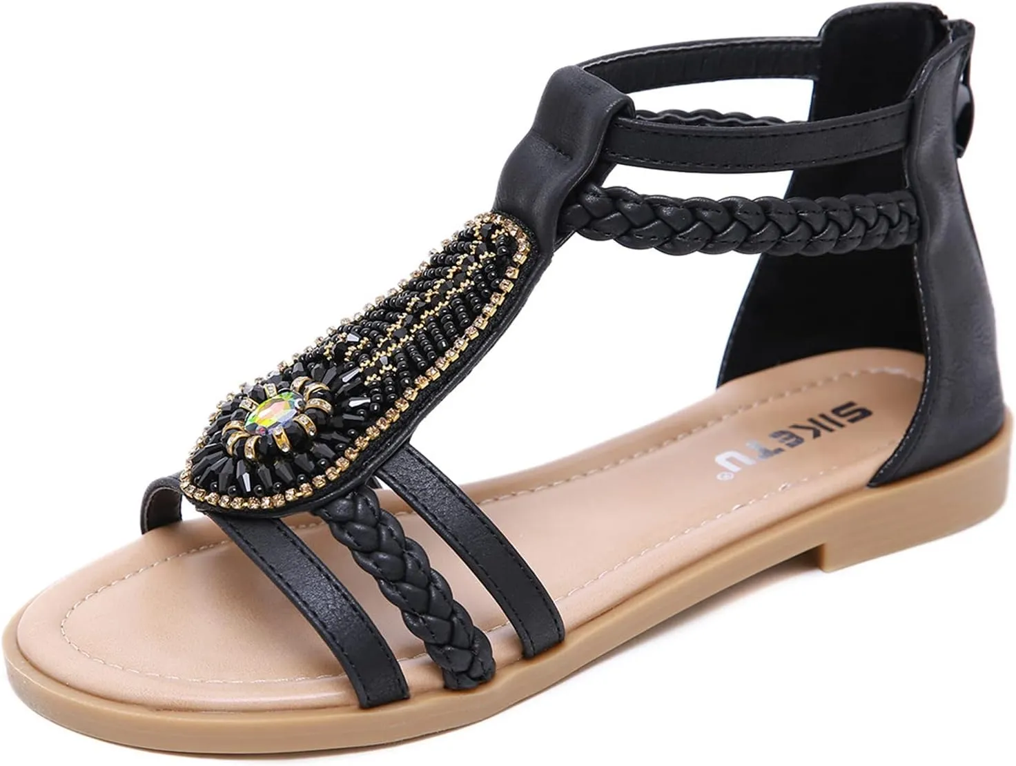 HINDOLA Womens Bohemian Sandals Bead Style Bead Beach Sandal Summer Comfy Open Toe Sandals Ankle Strap Gladiator Flat Sandals