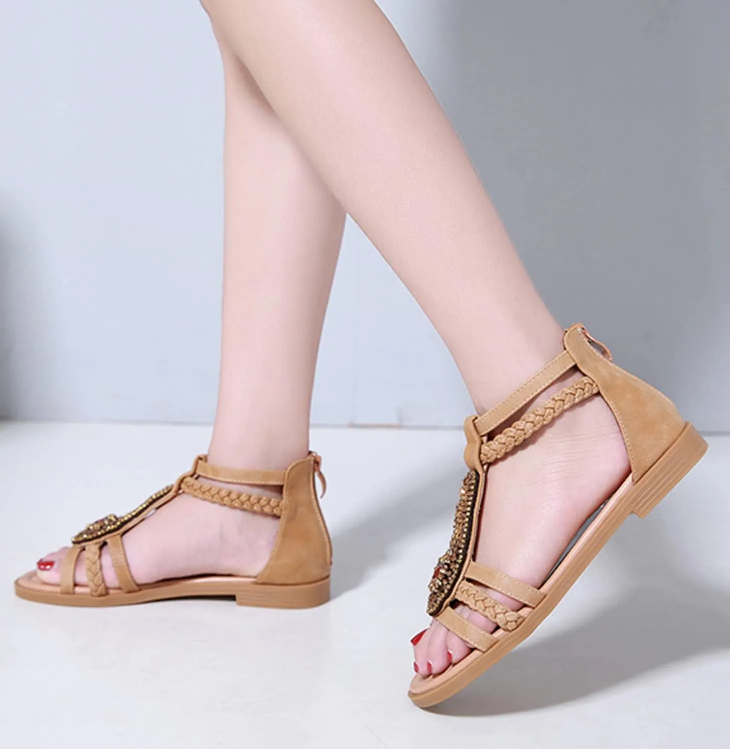 HINDOLA Womens Bohemian Sandals Bead Style Bead Beach Sandal Summer Comfy Open Toe Sandals Ankle Strap Gladiator Flat Sandals