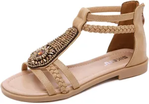 HINDOLA Womens Bohemian Sandals Bead Style Bead Beach Sandal Summer Comfy Open Toe Sandals Ankle Strap Gladiator Flat Sandals