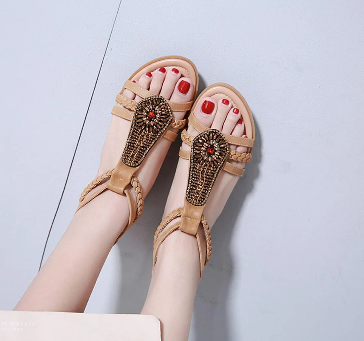 HINDOLA Womens Bohemian Sandals Bead Style Bead Beach Sandal Summer Comfy Open Toe Sandals Ankle Strap Gladiator Flat Sandals