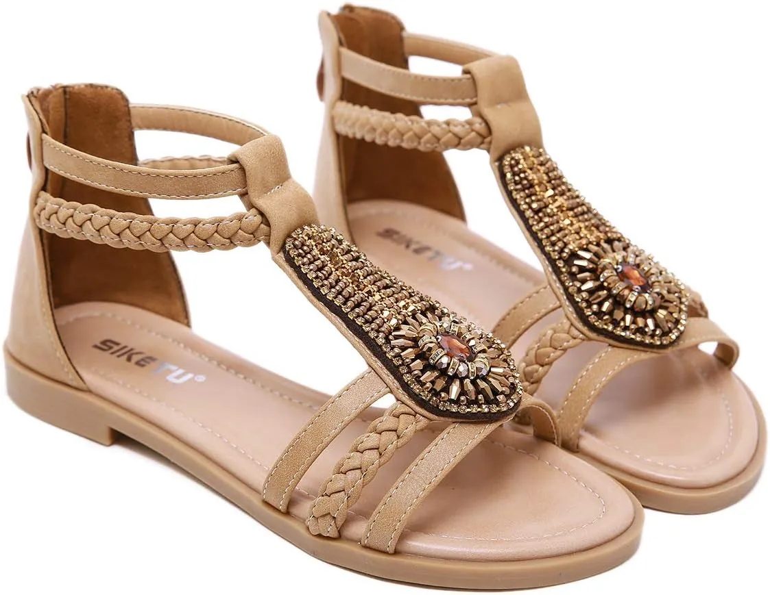 HINDOLA Womens Bohemian Sandals Bead Style Bead Beach Sandal Summer Comfy Open Toe Sandals Ankle Strap Gladiator Flat Sandals