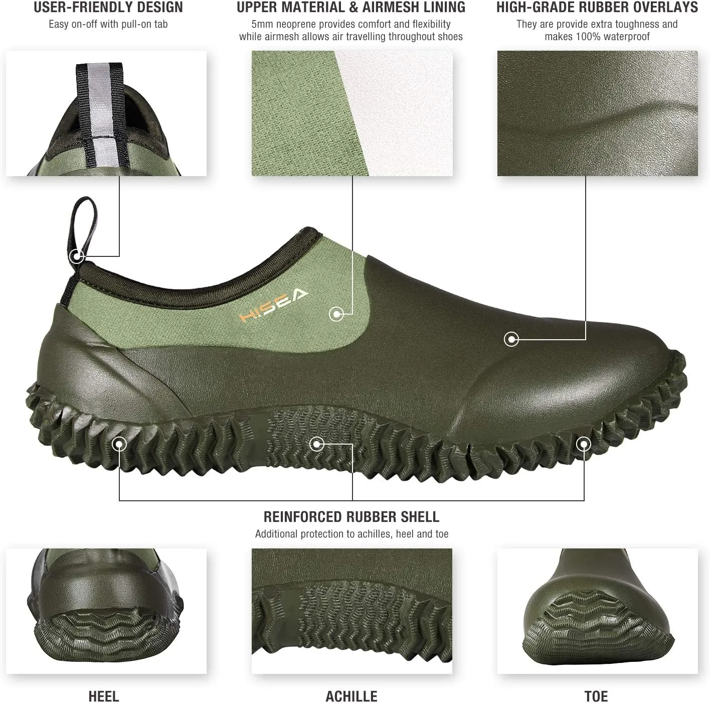 HISEA Unisex Waterproof Garden Shoes, Men's Rubber Rain Boots Women's Ankle Rain Shoes Neoprene Camp Booties Outdoor Slip-On Rain Footwear for Gardening, Farming, Camping, Car Wash, Lawn Care and Yard Work