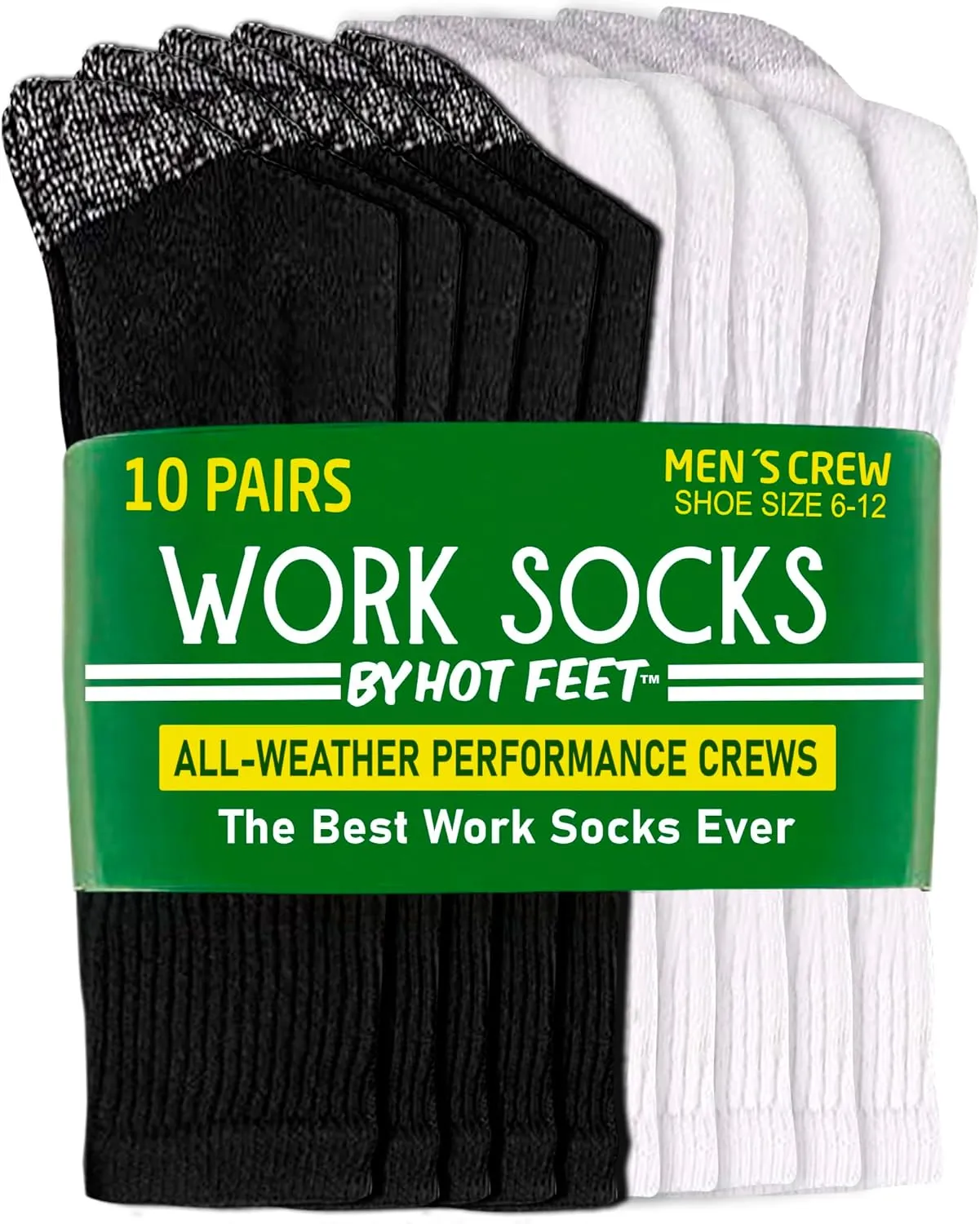 HOT FEET Work Socks for Men, Long All Weather Boot Crew Cotton Socks, Cushioned, Moisture Wicking, 10 Pack, Size 6–12.5