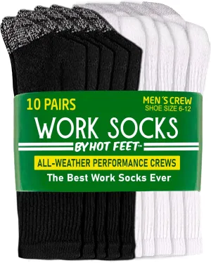 HOT FEET Work Socks for Men, Long All Weather Boot Crew Cotton Socks, Cushioned, Moisture Wicking, 10 Pack, Size 6–12.5