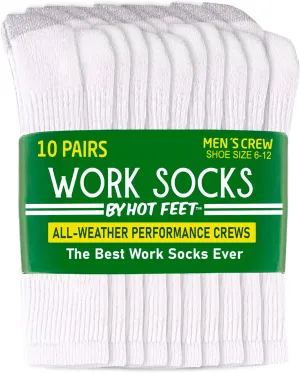 HOT FEET Work Socks for Men, Long All Weather Boot Crew Cotton Socks, Cushioned, Moisture Wicking, 10 Pack, Size 6–12.5