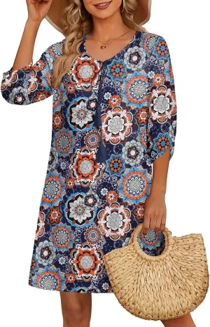 HOTOUCH Women Casual Beach Summer Dress Boho Tassel Tie Neck 3/4 Long Sleeve Short Floral Print Flowy Cover Up Sundresses