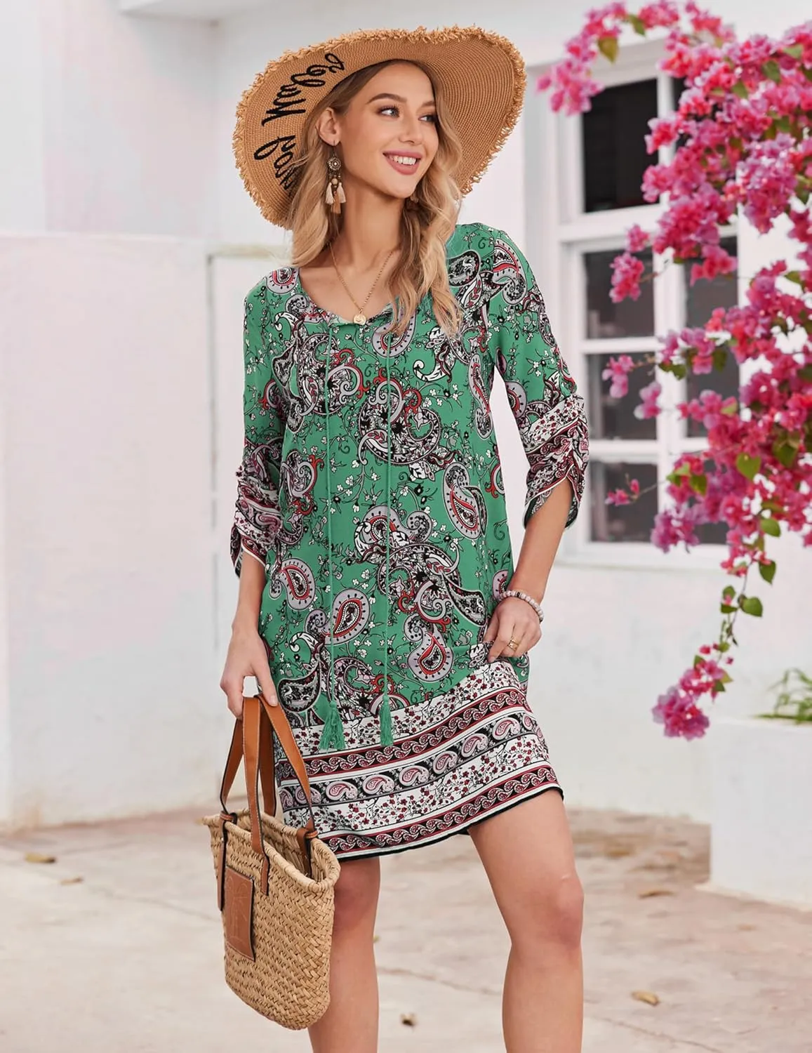HOTOUCH Women Casual Beach Summer Dress Boho Tassel Tie Neck 3/4 Long Sleeve Short Floral Print Flowy Cover Up Sundresses