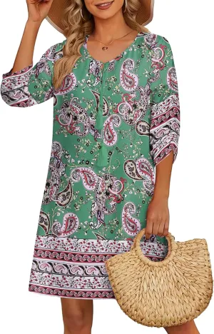 HOTOUCH Women Casual Beach Summer Dress Boho Tassel Tie Neck 3/4 Long Sleeve Short Floral Print Flowy Cover Up Sundresses