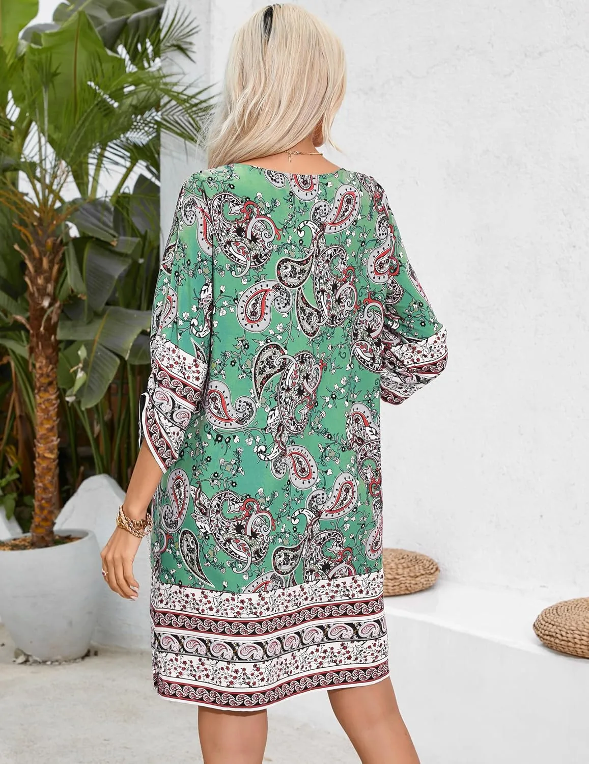 HOTOUCH Women Casual Beach Summer Dress Boho Tassel Tie Neck 3/4 Long Sleeve Short Floral Print Flowy Cover Up Sundresses