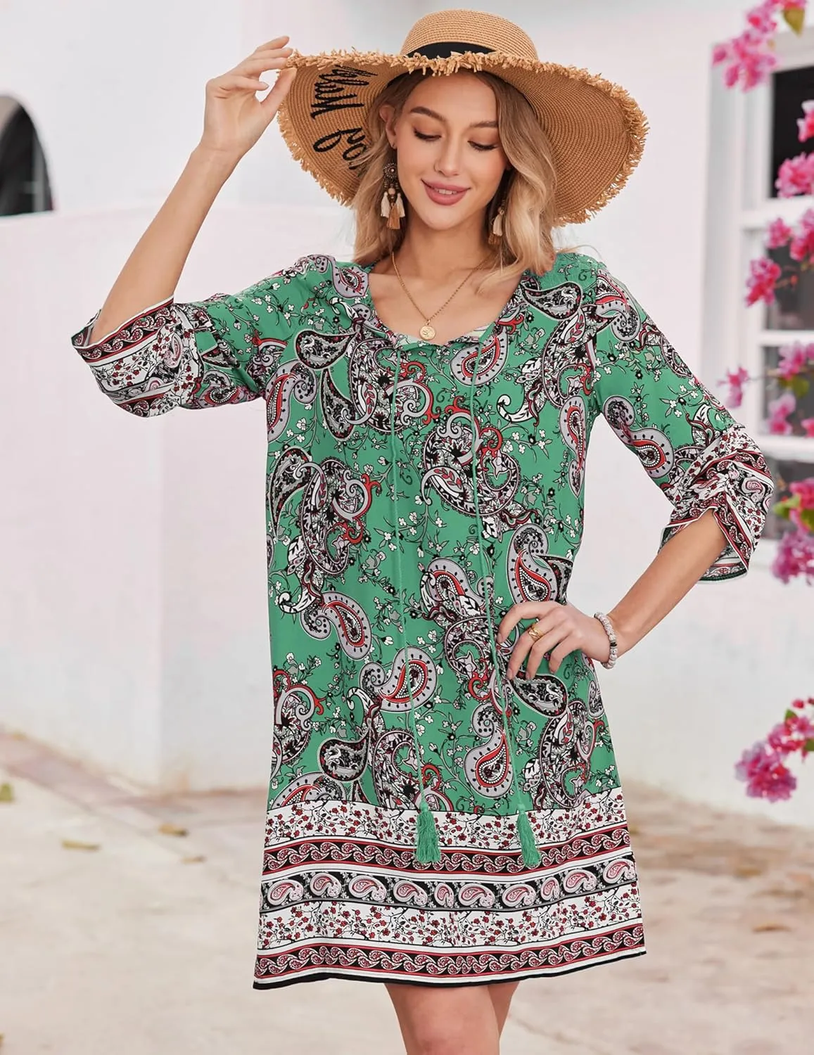 HOTOUCH Women Casual Beach Summer Dress Boho Tassel Tie Neck 3/4 Long Sleeve Short Floral Print Flowy Cover Up Sundresses