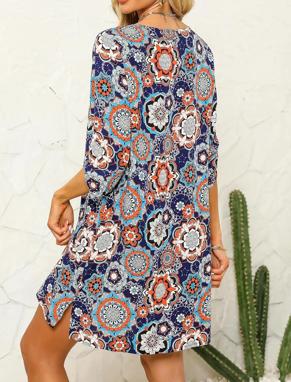 HOTOUCH Women Casual Beach Summer Dress Boho Tassel Tie Neck 3/4 Long Sleeve Short Floral Print Flowy Cover Up Sundresses